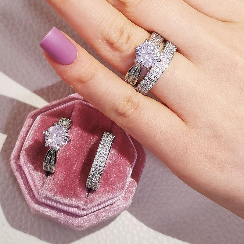 2set Luxury Classic Wedding Ring Set, Engagement & Eternity Rings
